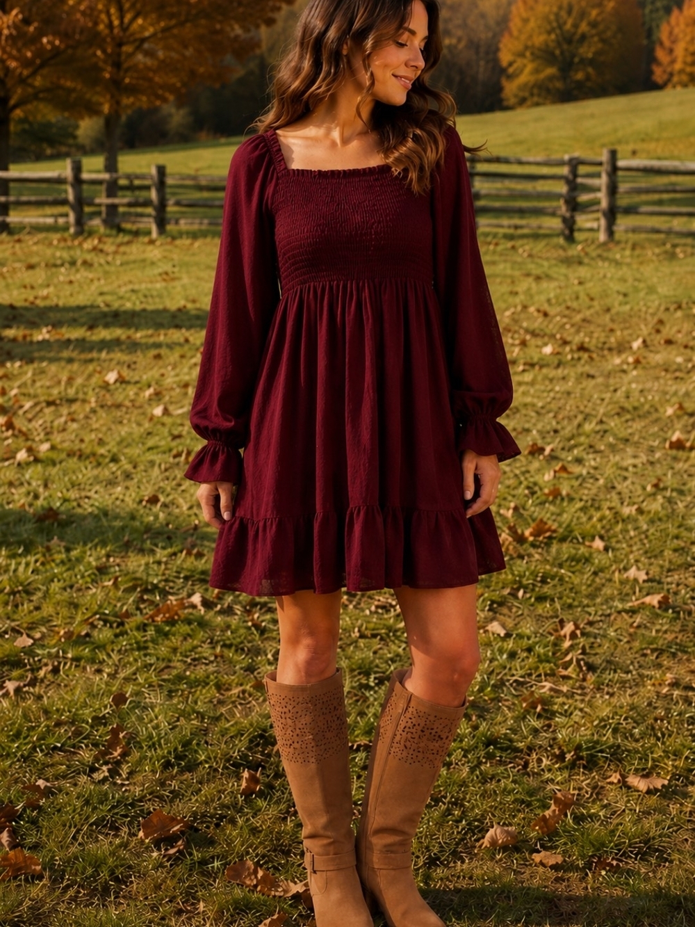 Burgundy Smocked Babydoll Puff Sleeve Boho Dress Medium EUC